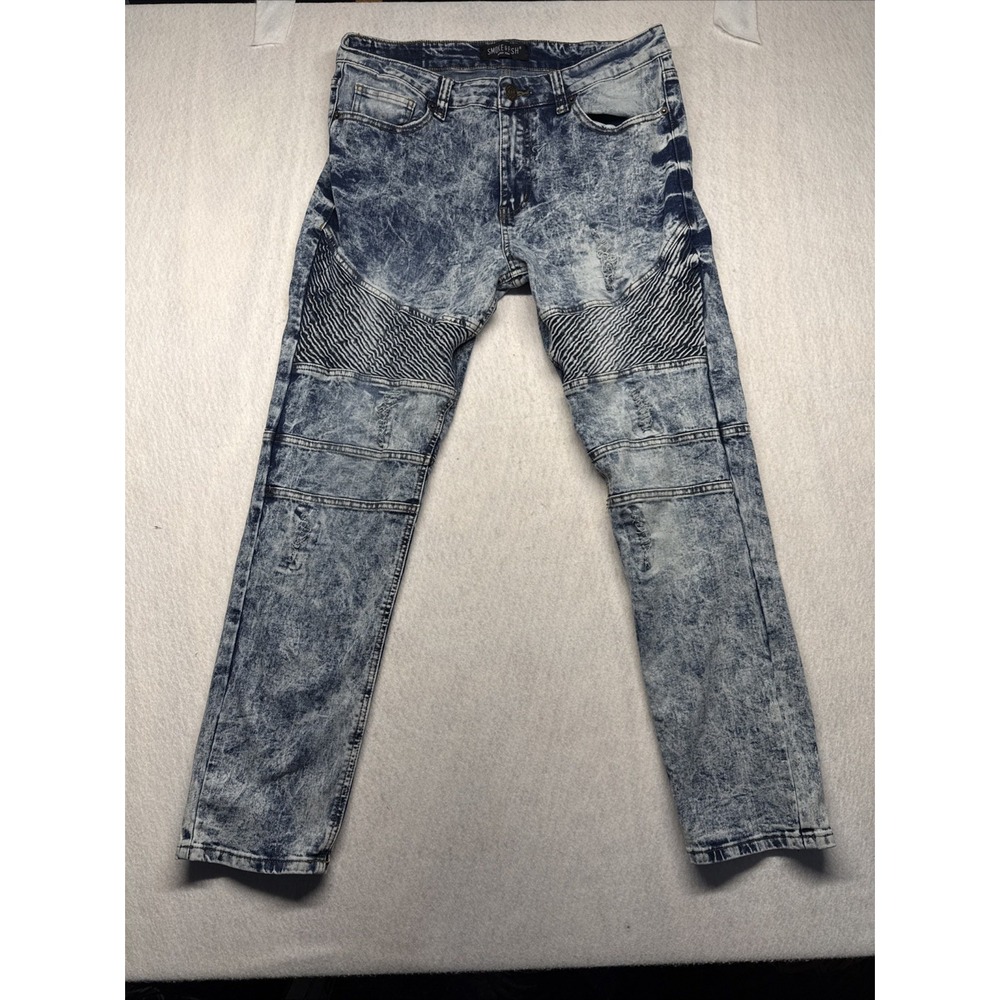 Smoke & Ash Mens Moto Acid Wash Distressed Blue Jeans 36x32 Ribbed Biker Denim